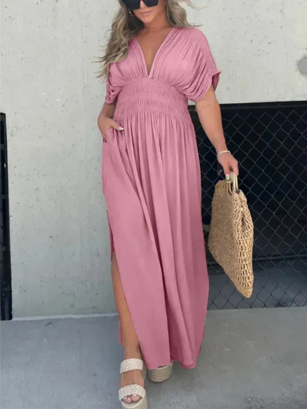 Boho V-Neck Pink Maxi Dress with Smocked Waist- Full & Plus Sizes